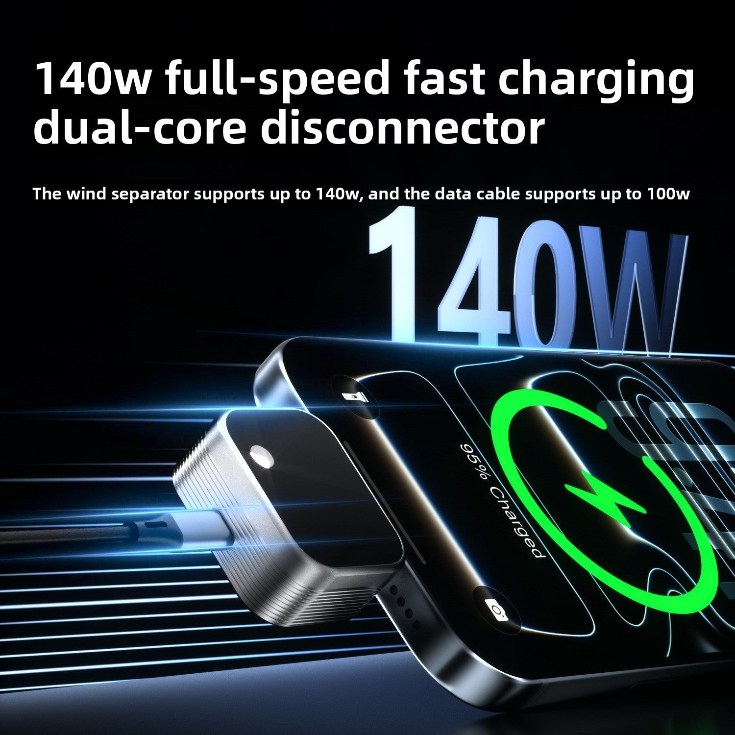 Close-up of 140W USB-C auto-disconnect adapter showing Type-C ports