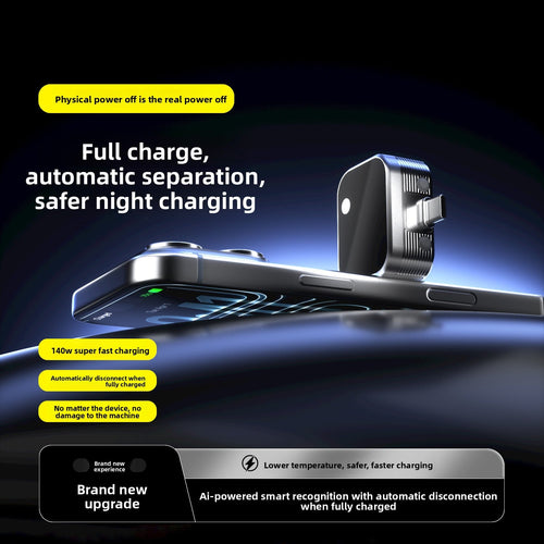 140W USB-C auto-disconnect adapter connected between charging cable and device